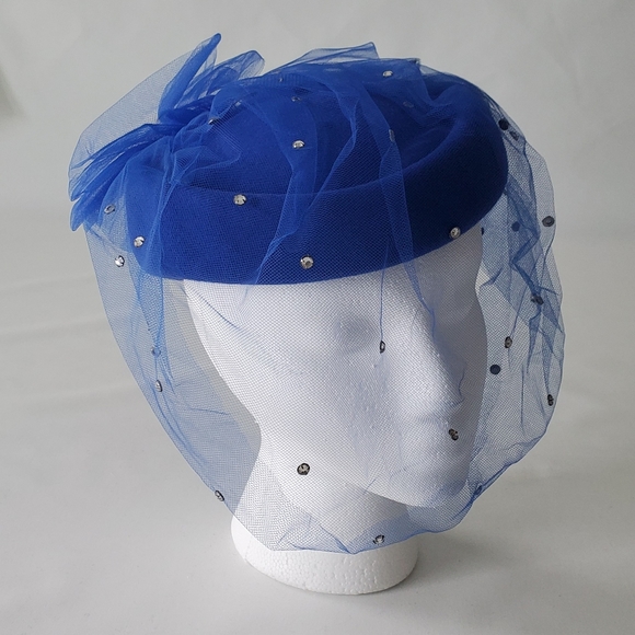 Vintage Royal Blue Pill Box Hat 100% Wool Felt - Picture 1 of 8